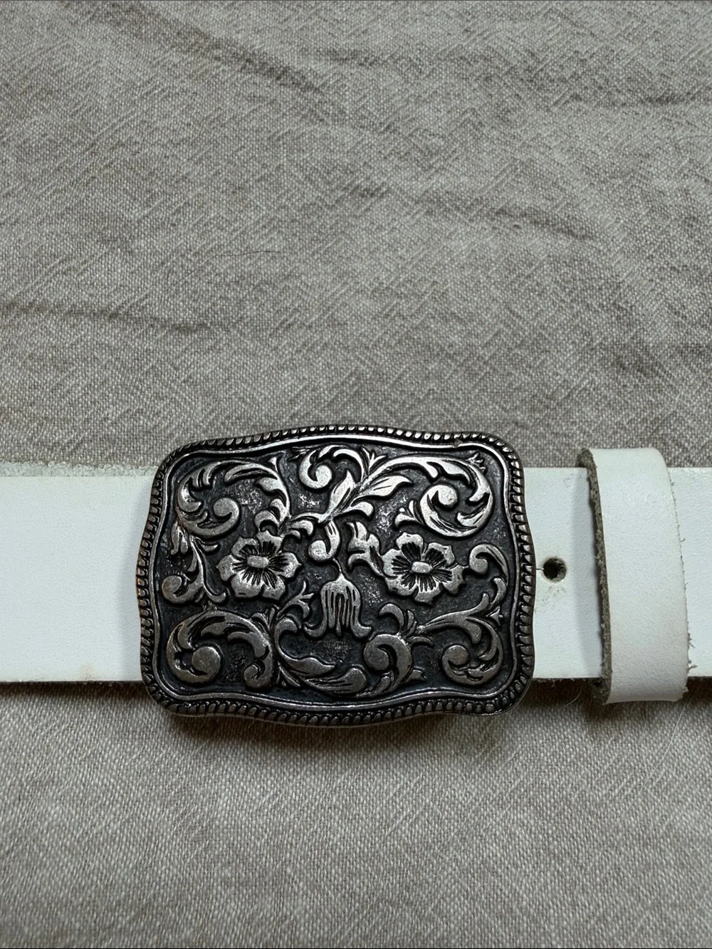 Lorena Antoniazzi White Leather Belt with Ornate Silver-Tone Metal Panels